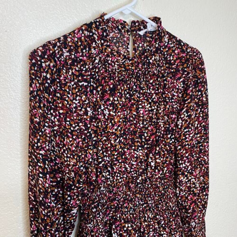 THML Burgundy Abstract‎ Confetti Smocked Waist Ruffle Neck Mini Dress Size S - Picture 6 of 13